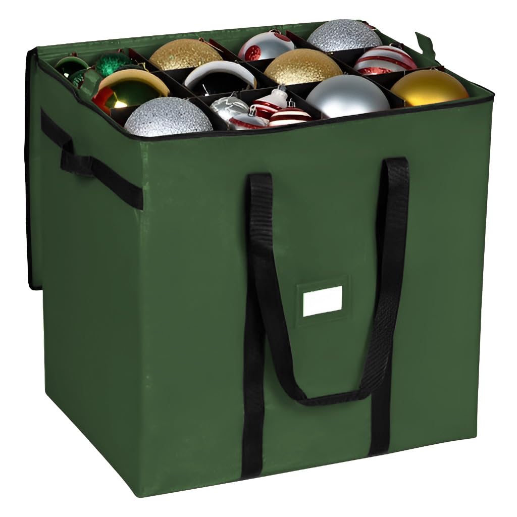 Christmas Ornament Storage Container,Box Stores Up to 96-3 inch ornaments, Adjustable Dividers, Large Organizer Bin to Protect and Store Holiday Décor - Green